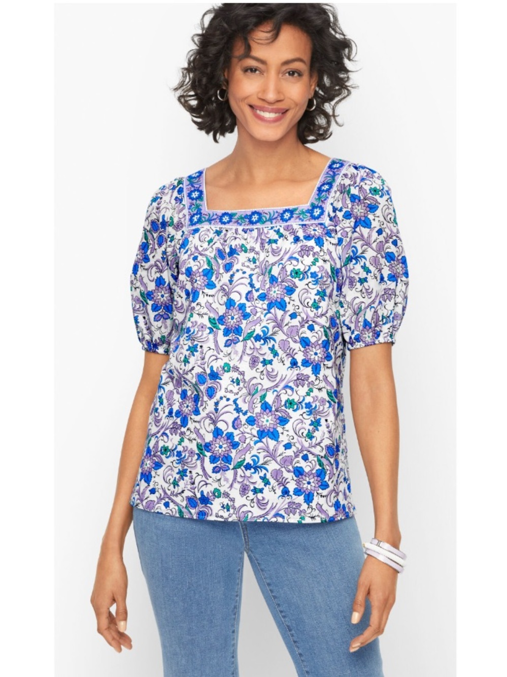 Talbots Songbird Floral Square Neck Poplin Popover Shirt White Large